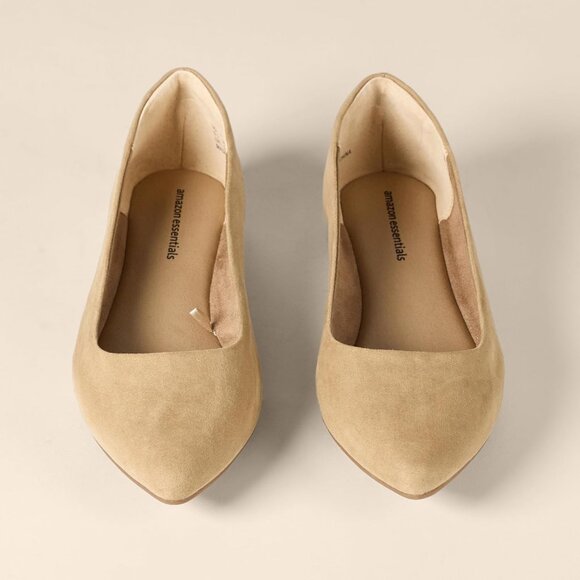 Womens Beige Faux Leather Closed Pointed-Toe Low Heel Slip On Ballet Flat Shoes - Picture 4 of 5